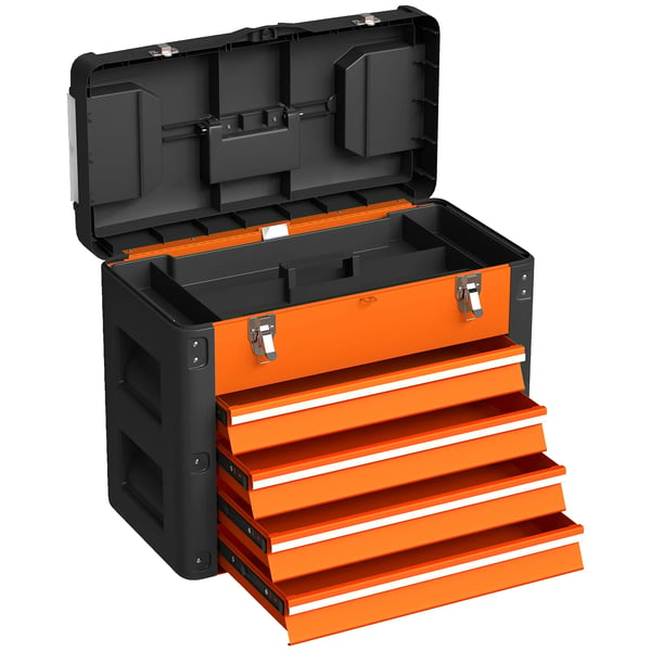 Orange Verktygslåda med 4 Lådor, Förvaringsfack och Handtag - 49,7x25,3x40,7 cm, Stål och Plast