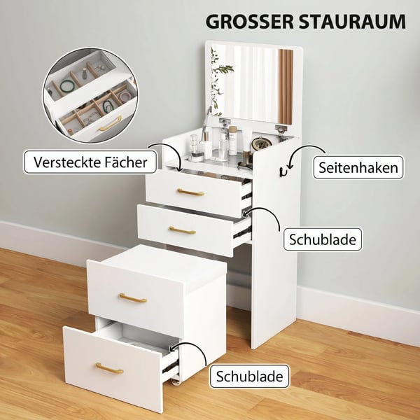 3-i-1 sminkbord med spegel, sängbord, rullpall, lådor, vit