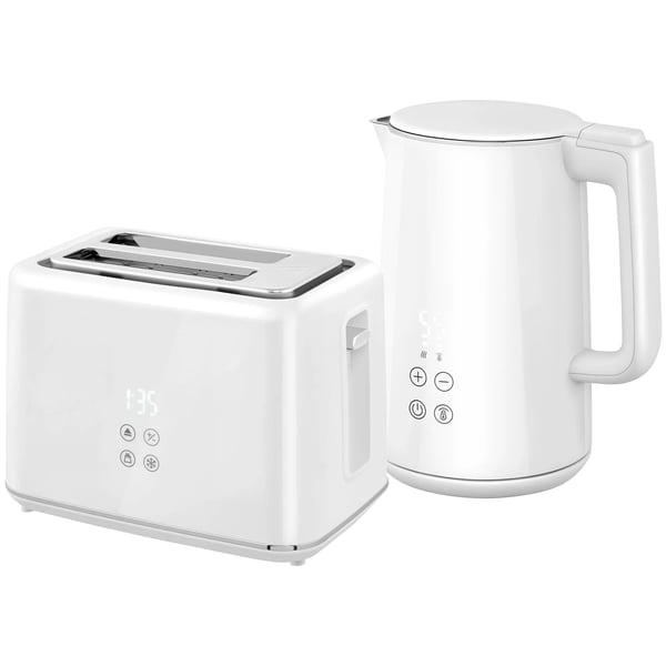Elkedel & Brødrister Sæt - 1,5L Kedel, 2-Skivers Rister, 2200W, 7 Ristetrin, Optøj, Genopvarm, Automatisk Sluk, LED-Display, Hvid ABS Plastik