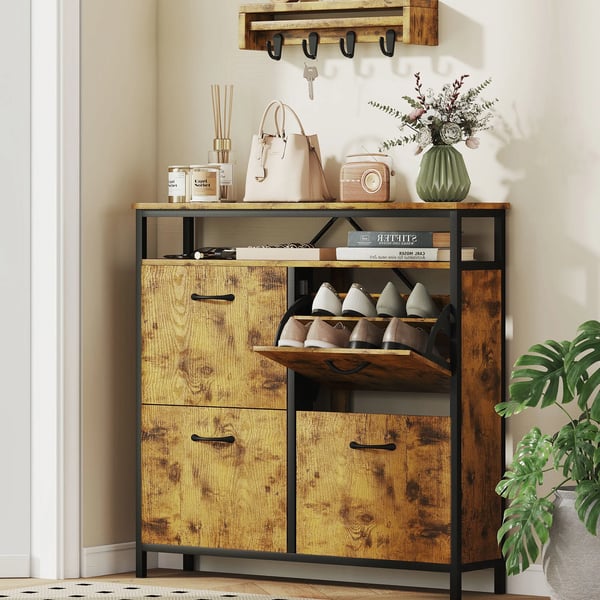 Skoställ med 4 hopfällbara lådor, smal design, öppen hylla, för 12-20 par skor, stål, brun