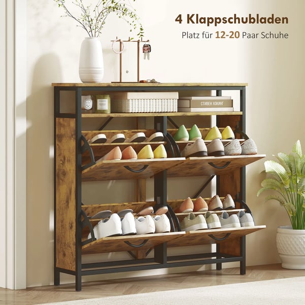 Skoställ med 4 hopfällbara lådor, smal design, öppen hylla, för 12-20 par skor, stål, brun