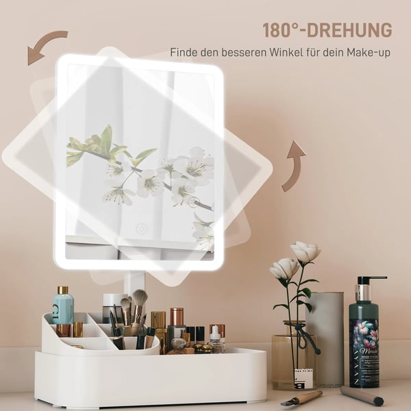 Uppladdningsbar sminkspegel med 180° justerbar LED-belysning, 2 ljuslägen, vit, plast/glas