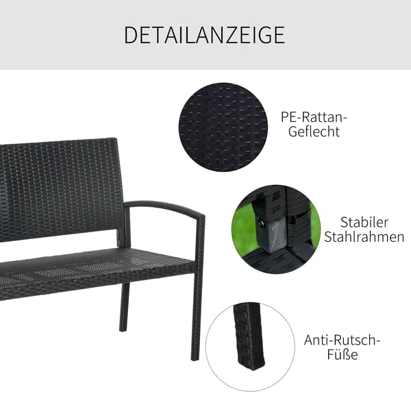 Trädgårdsbänk 2-sits i Svart Polyrattan med Stålram - 122 x 60 x 87 cm