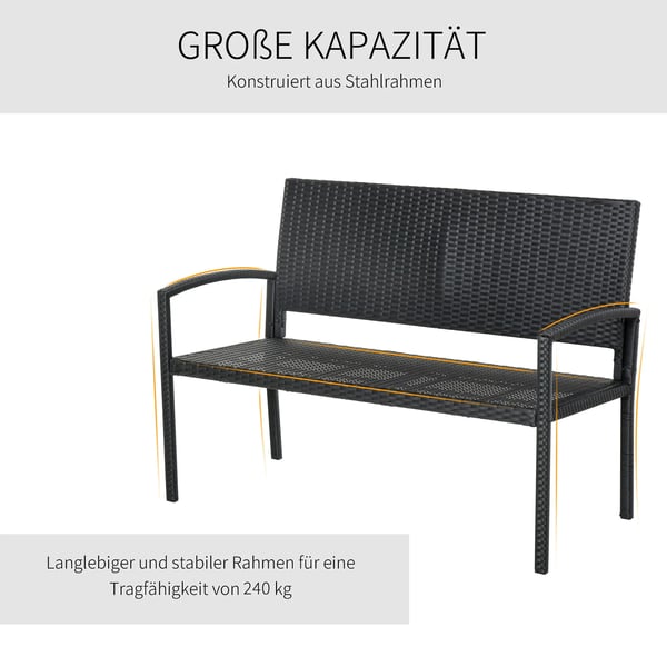 Trädgårdsbänk 2-sits i Svart Polyrattan med Stålram - 122 x 60 x 87 cm