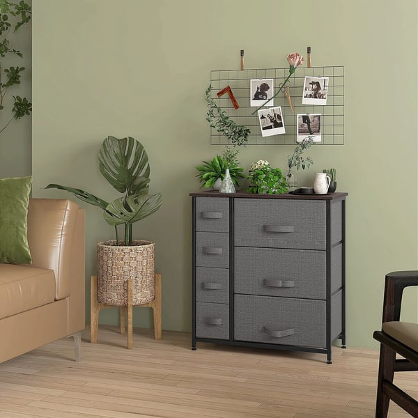 kommode opbevaringsskab 7 foldbare stofskuffer metalstel træ-look non-woven stof grå 63,5x30x71cm
