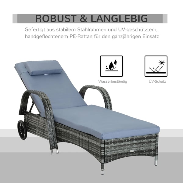 haveliggestol, solseng, mobil med hynde, polyrattan+metal, grå, 200x73x30-103cm