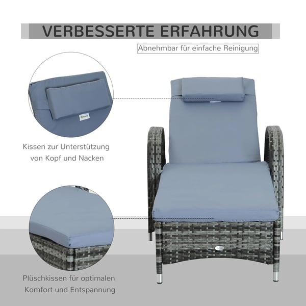 haveliggestol, solseng, mobil med hynde, polyrattan+metal, grå, 200x73x30-103cm