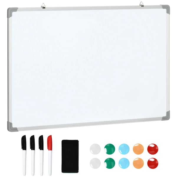Magnetisk Whiteboard Tavle 90x60cm - Galvaniseret Plade, Aluminiumsramme, Hvid (inkl. tuscher, svamp & magneter)