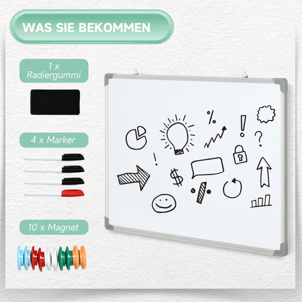 Magnetisk Whiteboard Tavle 90x60cm - Galvaniseret Plade, Aluminiumsramme, Hvid (inkl. tuscher, svamp & magneter)