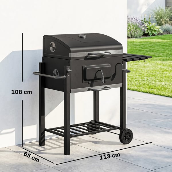 grillivaunu, hiiligrilli, BBQ-seisontagrilli, ruostumaton teräs, musta, 113x65x108 cm