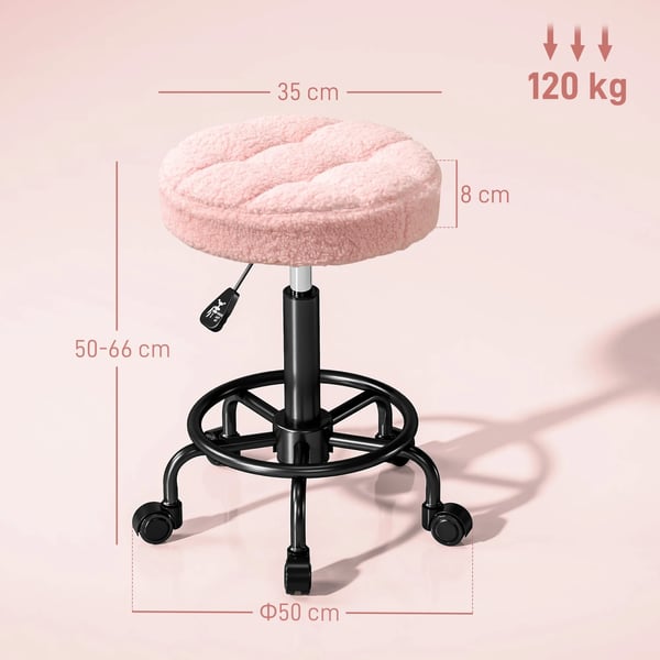 Rullhocker Rosa, Höj- och Sänkbar Snurrstol i Polyester, 360° Vridbar Arbetsstol för Kontor/Salong, 50-66 cm