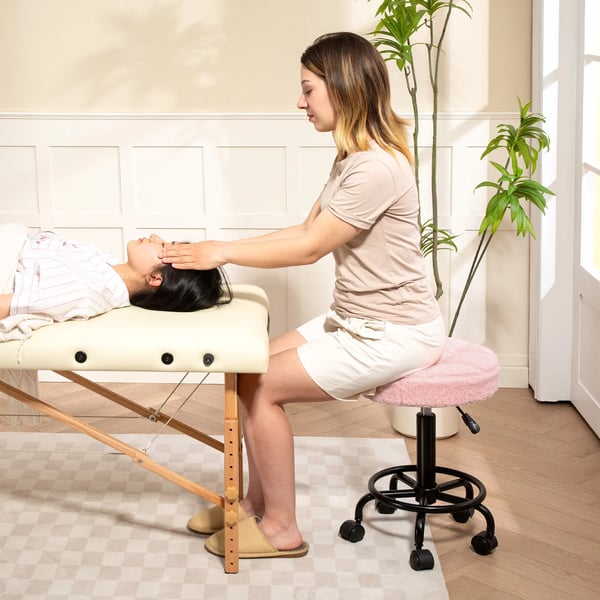 Rullhocker Rosa, Höj- och Sänkbar Snurrstol i Polyester, 360° Vridbar Arbetsstol för Kontor/Salong, 50-66 cm