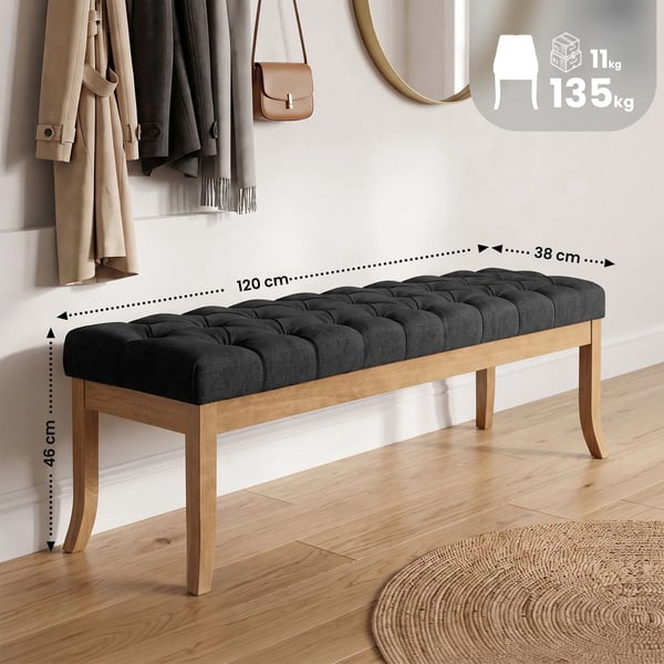 Ramses Chesterfield stofbænk - Mørkegrå, 120 cm bredde - Polstret siddeplads med træben til stue, entre, spisestue