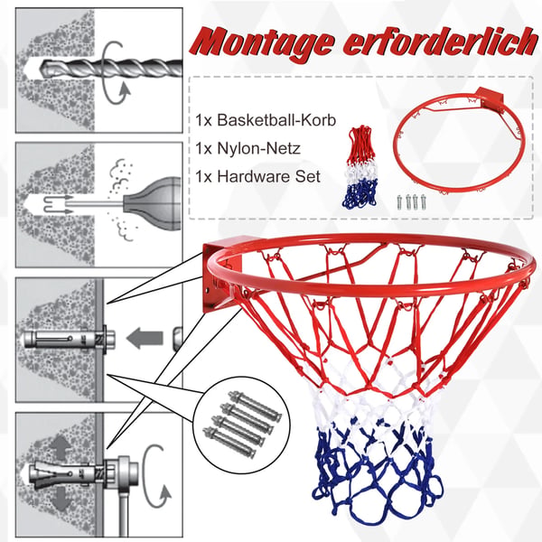 Basketballkurv med net, Stålrør+Nylon, Rød + Blå + Hvid, Ø46 cm
