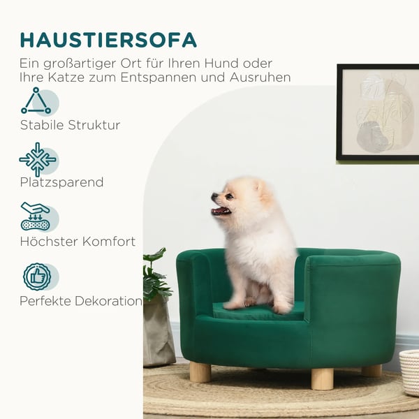 Grøn Hundesofa med Fløjlsbetræk, Træben og Aftagelig Pude (65x64x37cm) - Perfekt til Små Hunde & Katte