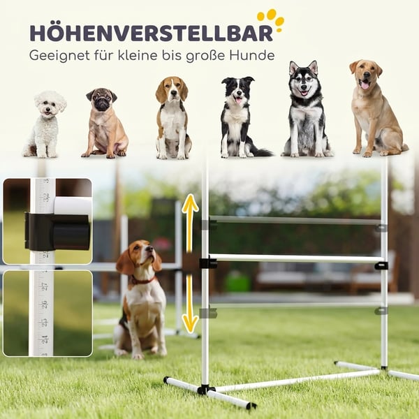 Hund Agility Träningsset - 4 delar hopphinder och slalompinnar, vit plast, 99x65x94cm