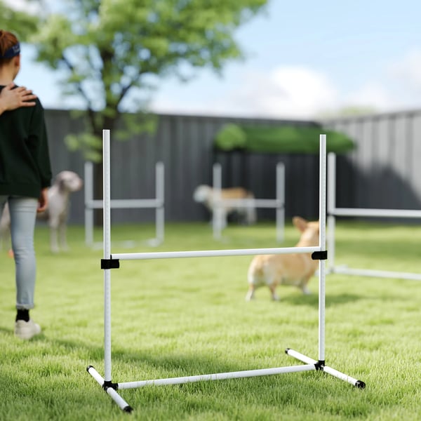 Hund Agility Träningsset - 4 delar hopphinder och slalompinnar, vit plast, 99x65x94cm