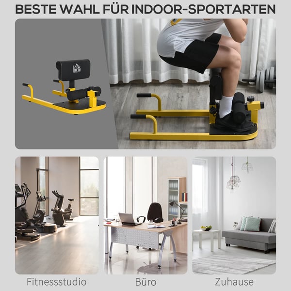 Sissy Squat-træner ben- og mave-balletræner 3-i-1 justerbar op til 120 kg stål gul+sort 50 x 97 x (44,5–56,5) cm