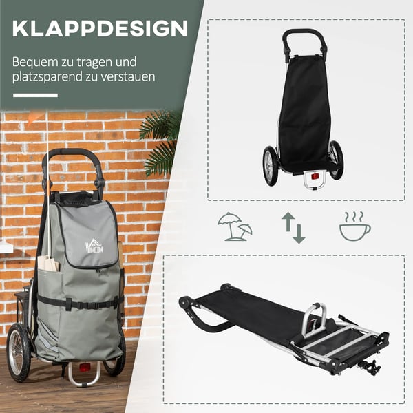 Lastanhænger & indkøbstrolley 2-i-1 til cykel, med kobling, 24,3kg, 55L, aluminium+Oxford-stof, grå+sølv, 53x43x110cm
