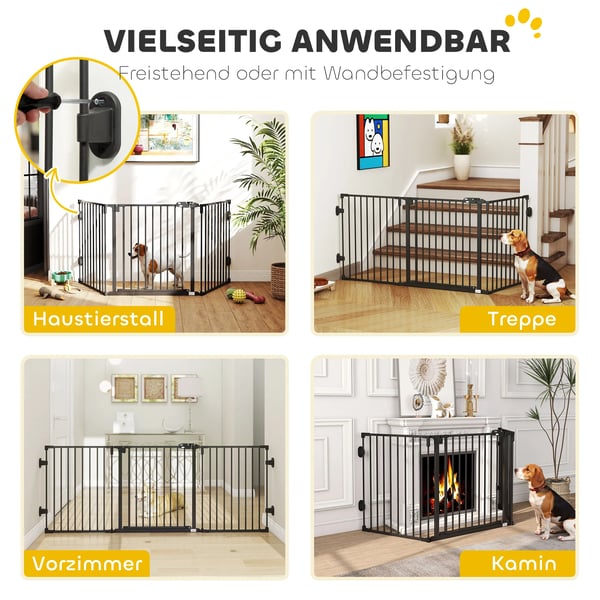 Hundgrind med Automatisk DOrr, Justerbar, Vikbar, 3 Paneler, StOjl/Plast, Svart, 202,5x76cm