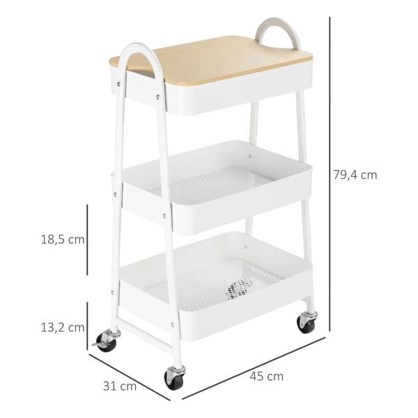Serveringsvagn Kök 3-vånings metallrullvagn med lock, vit, 45x31x79,4cm