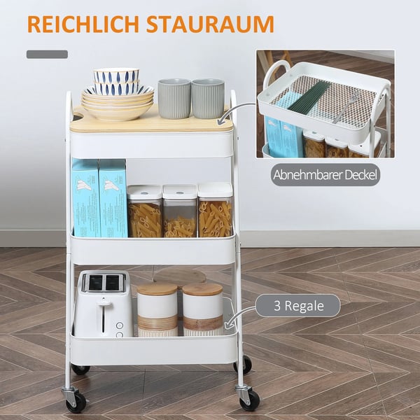 Serveringsvagn Kök 3-vånings metallrullvagn med lock, vit, 45x31x79,4cm