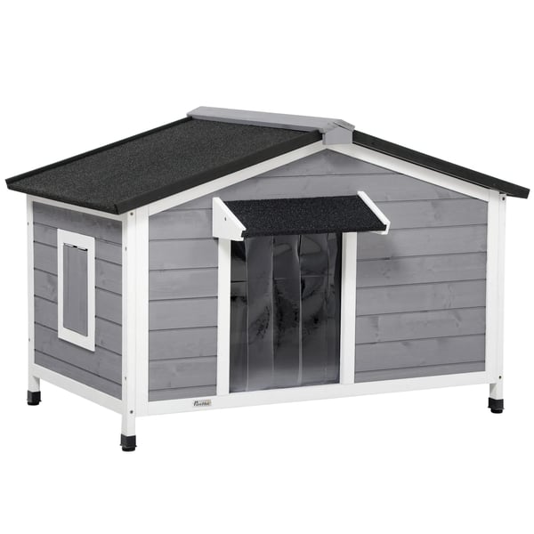 Hundehus i grantre, Sort/Gra/Hvid, 109x79x72cm - Vejrbestandigt med Asfalt Tag og Aftagelig Bund