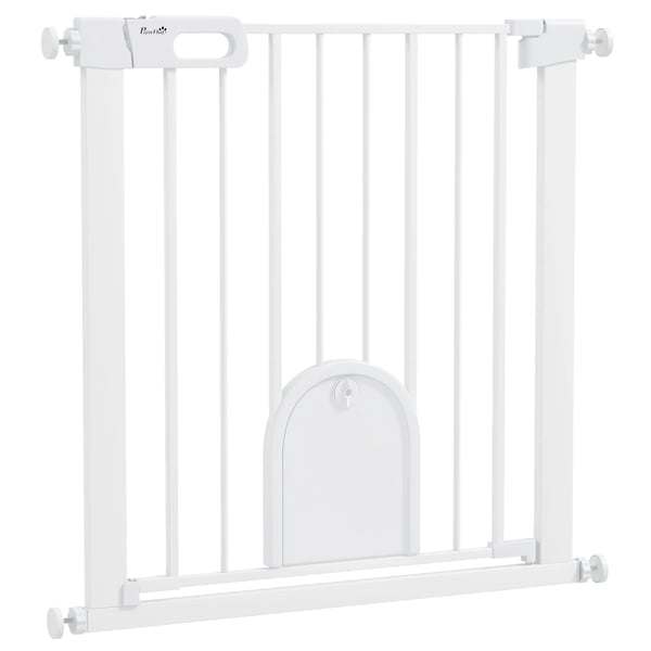 Justerbar grind för husdjur med liten dörr, vit metall/ABS, 75-82cm bred
