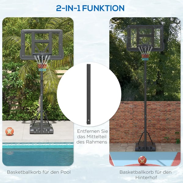 Sort Justerbar Basketballstativ 195-370 cm med Metalramme, Velegnet til Udendørs Brug med Hjul og Stabil Fyldbar Base