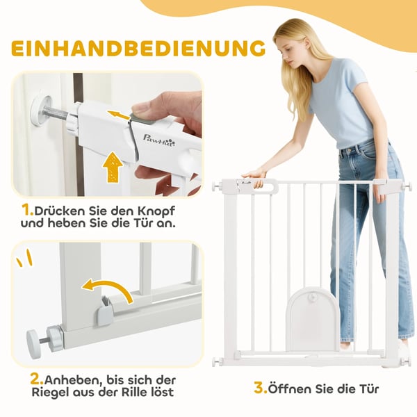 Justerbar grind för husdjur med liten dörr, vit metall/ABS, 75-82cm bred