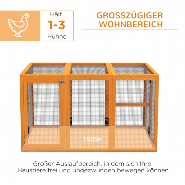 Orange Hønsehus i fyrretræ, træramme, ståltråd, udvidelsesdesign, siddepinde i træ, til 3 høns