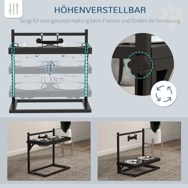 Justerbar Matskål för Hundar i Rostfritt Stål, Benformad Metallplatta, Svart, 1.8L (2x0.9L)