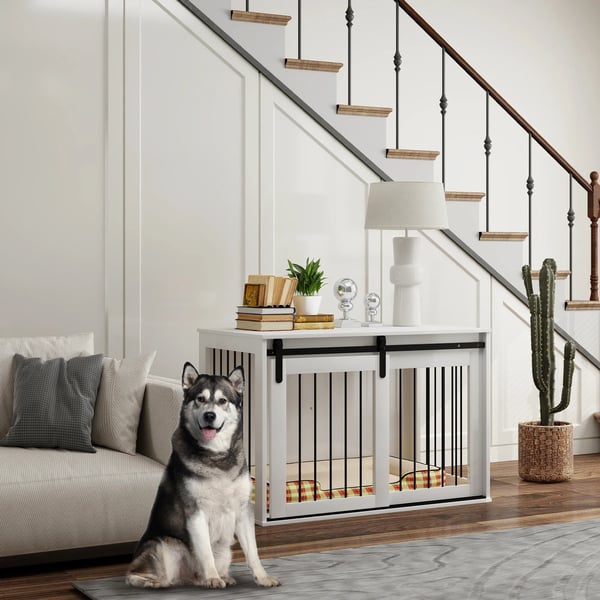 Hundebur i Hvid Spanplade – Aflåselig Hundekasse med SkydedØr til Store Hunde (Op til 30 kg), 98x58x61 cm