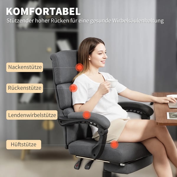 Ergonomisk Kontorsstol Mörkgrå Sammet Tyg Metall Metallben Höjdjusterbar Justerbart Ryggstöd Huvudstöd Svankstöd 135° Gungfunktion Rullbar Max