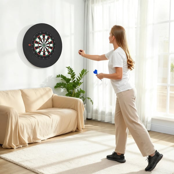 Dartskive Dartboard-sæt med beskyttelsesring, 6 dartpile med ståltip, Sisal, Plastik, Sort