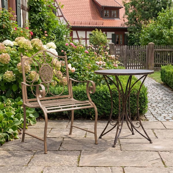 Punjab trädgårdsstol - Antikbrun målad metall, Art Nouveau-design, inomhus-/utomhusbruk, 200 kg kapacitet