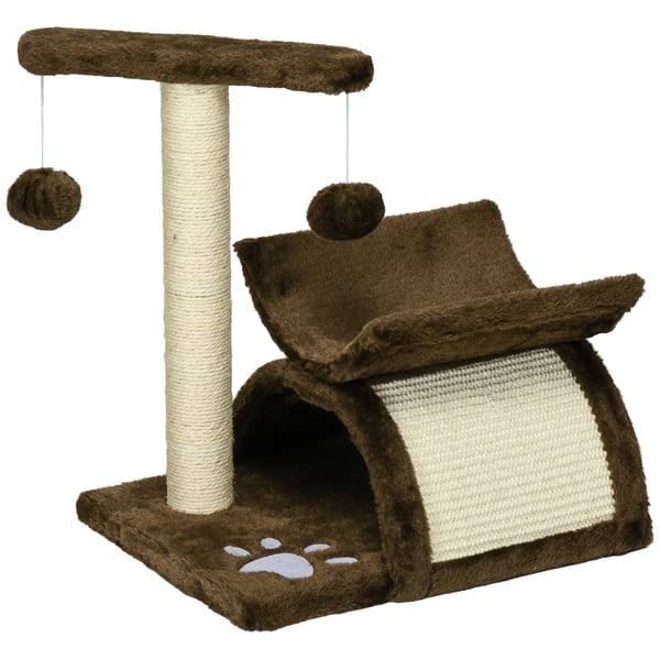 Kradsetræ til katte, med tunnel, hvileplads og bolde, brun, L40xB30xH43 cm