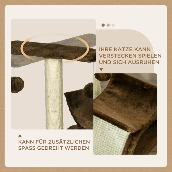 Kradsetræ til katte, med tunnel, hvileplads og bolde, brun, L40xB30xH43 cm