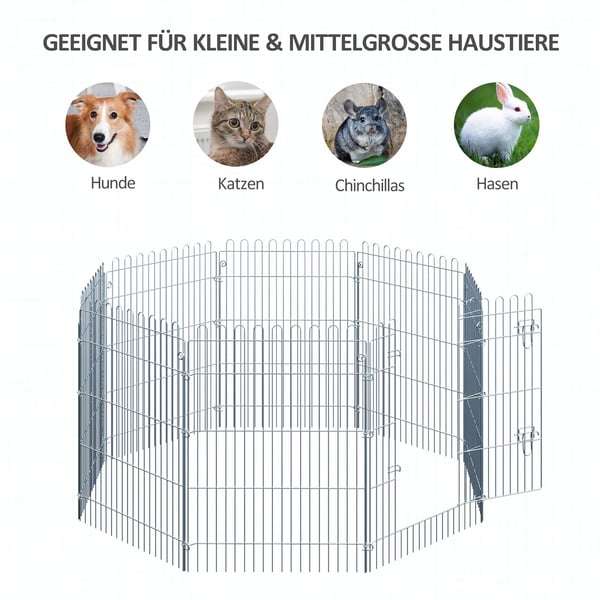 Lekhage för Valpar & Smådjur, 8-delad Metallinhägnad, Silver, 63x76 cm