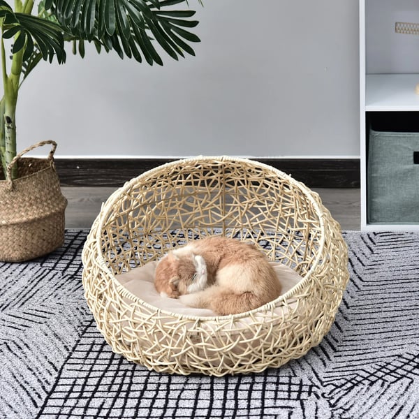 Kattgrotta i rotting, bekväm korg för katt och hund, beige, Ø56x35cm