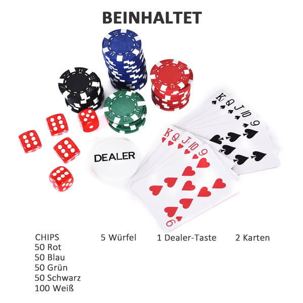 pokerisalkku, 200 pokerimerkkiä, 2 korttipakkaa, 5 noppaa, alumiinisalkku, polystyreeni, 29,5x20,5x6,5 cm, peli-iltoihin