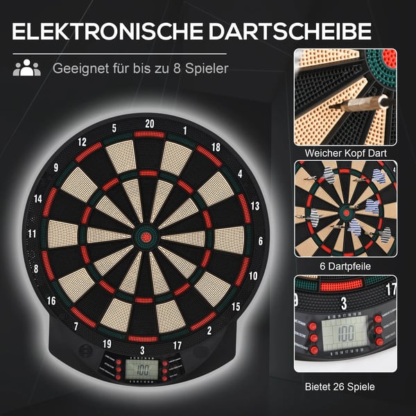 Elektronisk Dartskive - 26 spil, 185 scoringsmuligheder, 6 pile, til 8 spillere, sort PP
