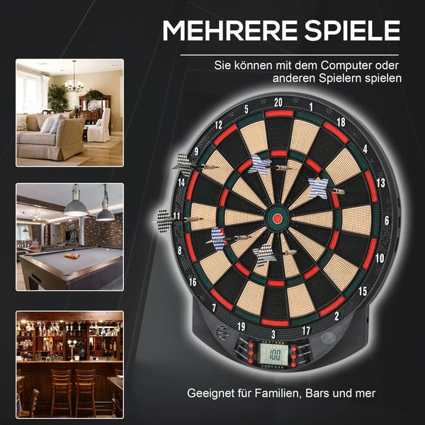 Elektronisk Dartskive - 26 spil, 185 scoringsmuligheder, 6 pile, til 8 spillere, sort PP