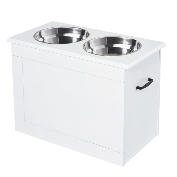 hundefoderskål med opbevaring, 2 rustfrie stålskåle, foderstation, hvid, 60x30x41cm hundefoderskål med opbevaring, 2 rustfrie stålskåle, foderstation, hvid, 60x30x41cm