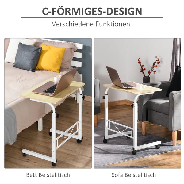 C-format sidobord, justerbart i höjd, med hjul och bromsar, spånskiva/stål/plast, vit lönnfärg