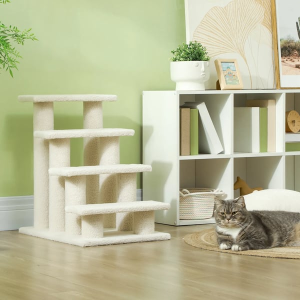 Husdjursstege 4-steg Husdjursramp för hund och katt, plysch, beige, 63,5x43x60cm