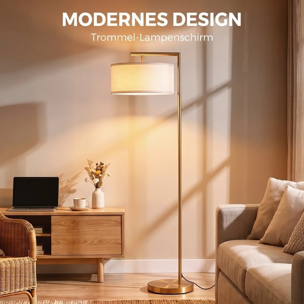 golvlampa, E27-sockel för vardagsrum, sovrum, kontor, metall, stål, linne, guld+vit, 47 x 37 x 153 cm