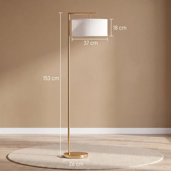 golvlampa, E27-sockel för vardagsrum, sovrum, kontor, metall, stål, linne, guld+vit, 47 x 37 x 153 cm