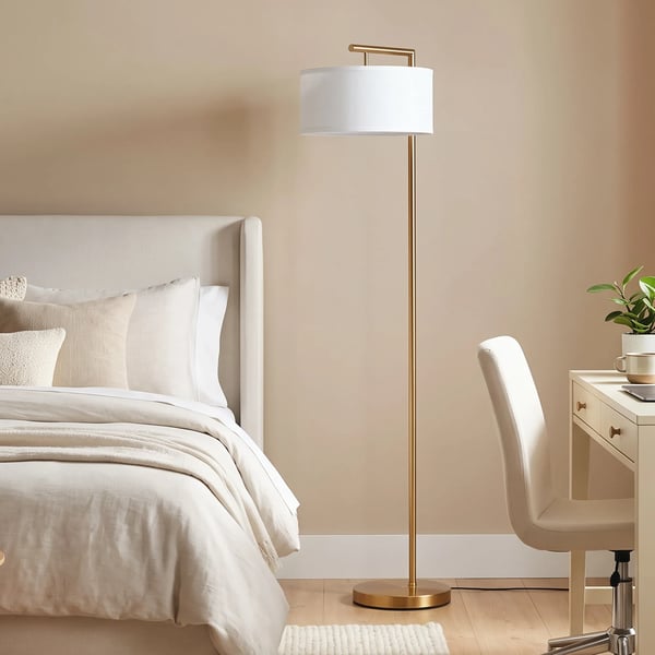 golvlampa, E27-sockel för vardagsrum, sovrum, kontor, metall, stål, linne, guld+vit, 47 x 37 x 153 cm