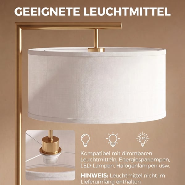 golvlampa, E27-sockel för vardagsrum, sovrum, kontor, metall, stål, linne, guld+vit, 47 x 37 x 153 cm